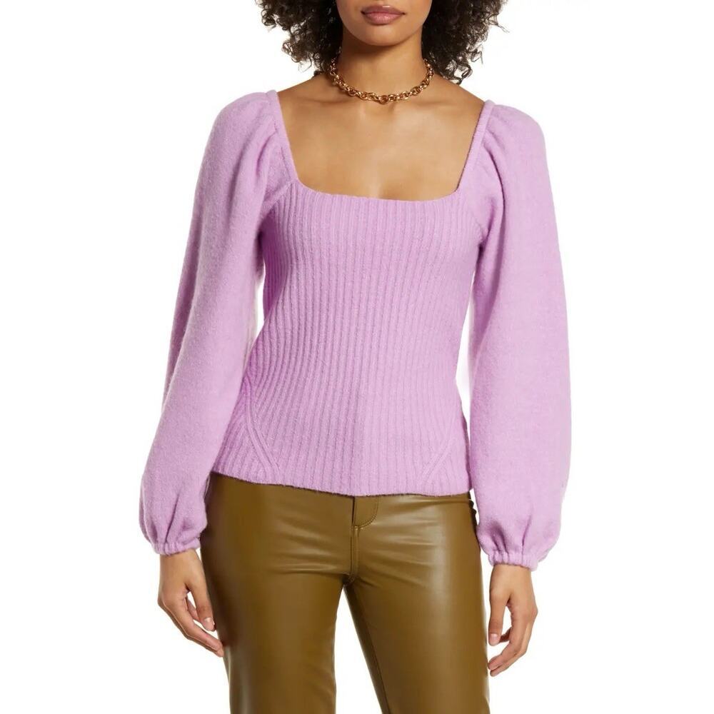 Halogen Puff Sleeve Square Neck Sweater Size Small S Wool Blend Light Purple